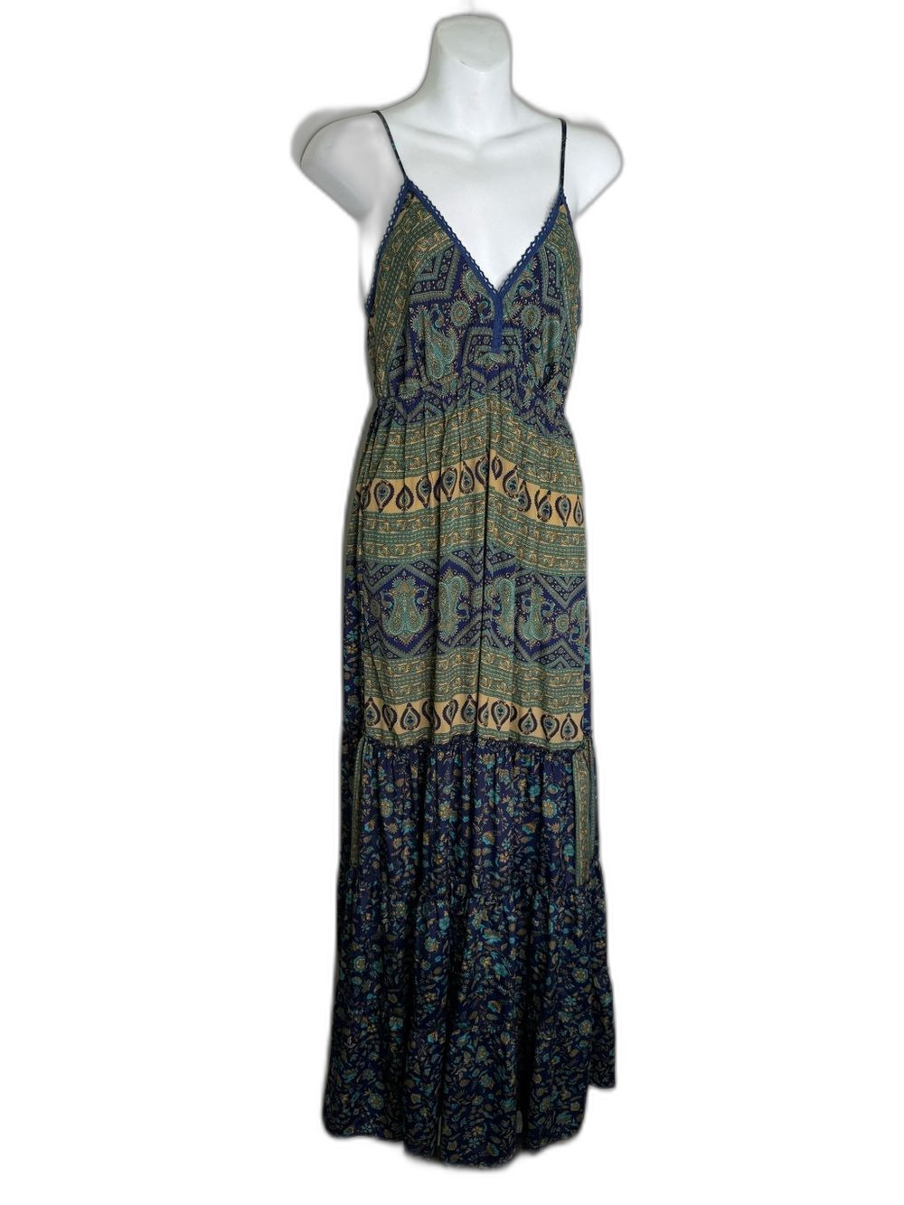 RAGA Tiered Maxi Dress Women’s Small Navy & Green Bohemian ! - Picture 2 of 8